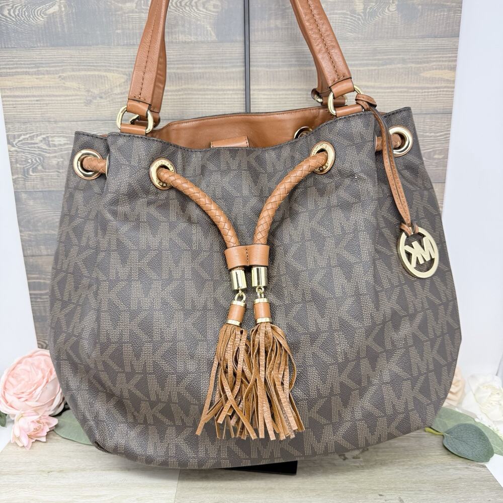 Michael Kors Brown Jet Set Marina Large Gathered Logo Tote Purse Shoulder Bag - Picture 3 of 13